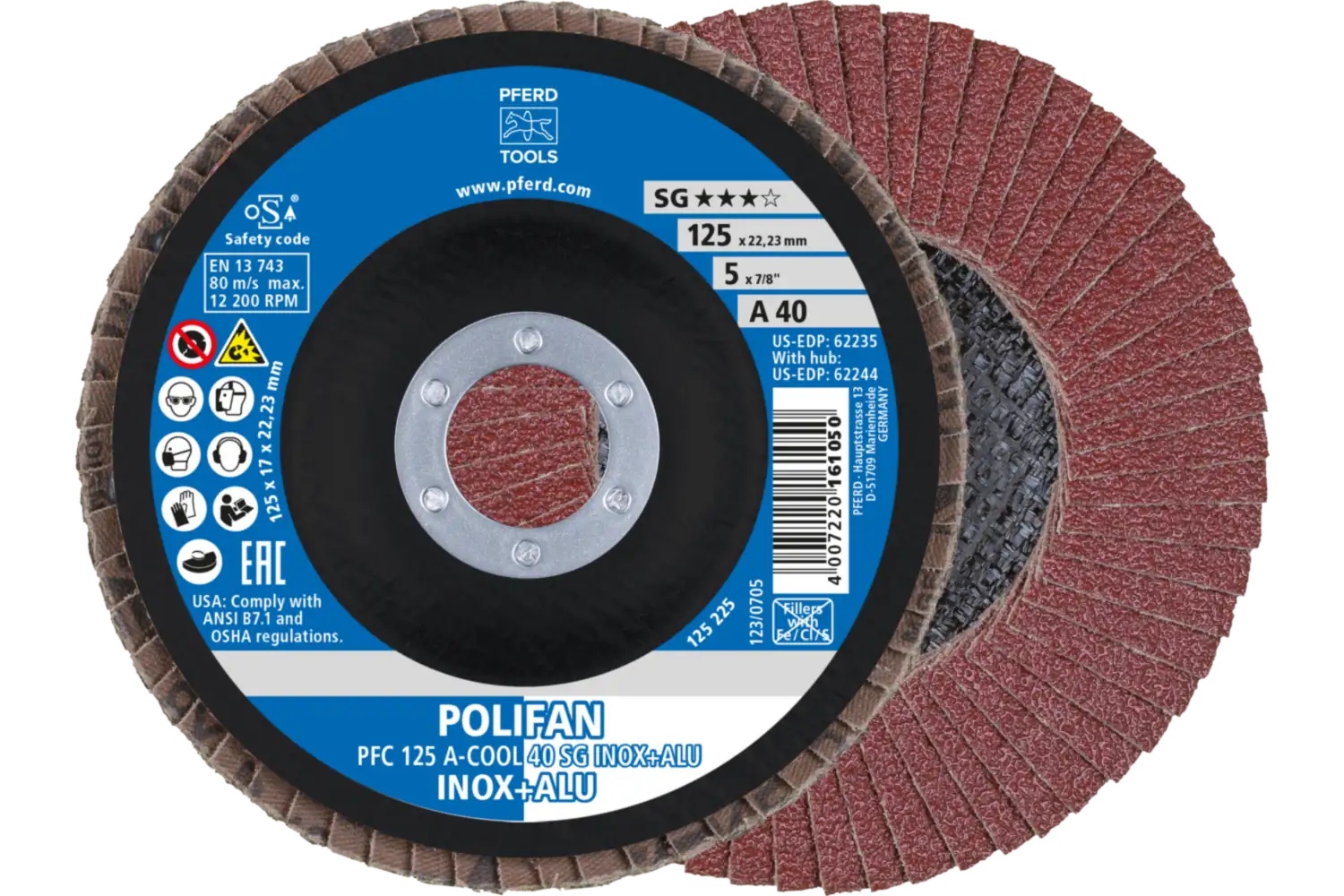 Picture of Pferd Flap Disc, 5" x 7/8, A-Cool SG Inox+ALU, 40 Grit, T29, Conical, Aluminum oxide